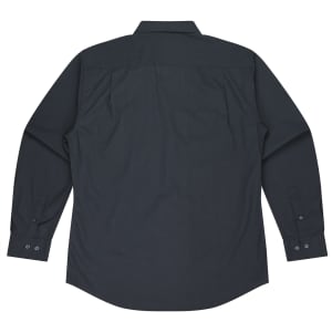 A long-sleeved button-up shirt in dark grey, featuring a collar and button cuffs, with a logo present.