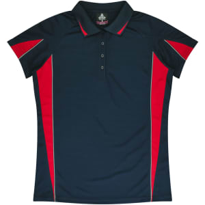 A navy and red polo shirt featuring a collar and short sleeves, with a logo on the chest.