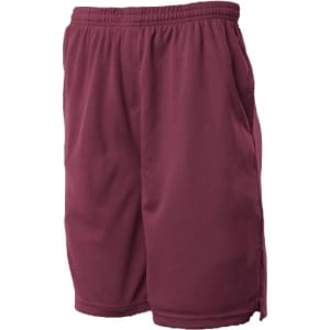 Burgundy sports shorts featuring an elastic waistband and side pockets, with a logo on the side.