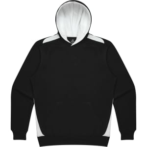A black hoodie with a white interior and white accents on the sides. It features a front pocket and a logo.