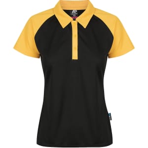 A black and yellow women's polo shirt featuring a collar and short sleeves, with a logo on the side.