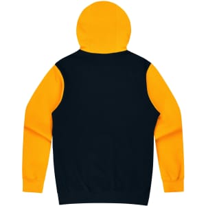 A hooded jumper featuring a black body and bright yellow sleeves. It includes a hood and has a logo.