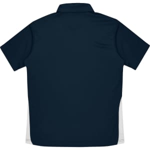 A navy blue polo shirt with white side panels and a collar, featuring a logo on the back.