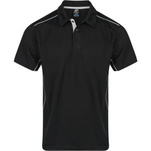 A black men's polo shirt with white accents and a logo on the chest, featuring a classic collar and short sleeves.