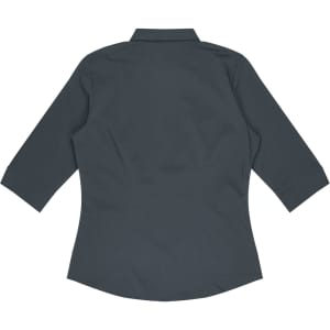 A dark green, button-up women's shirt with 3/4 sleeves, featuring a back view and a subtle branding logo.