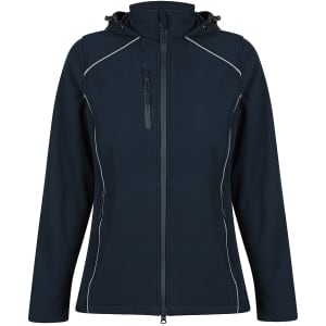 A dark blue soft shell jacket with a hood, featuring zippered pockets and contrasting stitching. It has a logo.