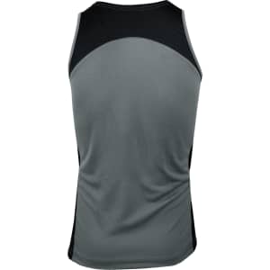 A grey singlet with black accents, featuring a logo on the back. Suitable for men's activewear.