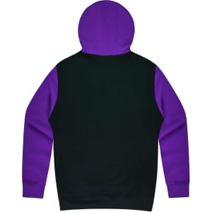 A hoodie featuring a black body and purple sleeves, with a hood at the back. It has a logo on it.
