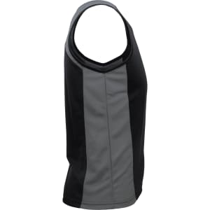A black and grey singlet featuring a sleek design and a branded logo. Ideal for casual or active wear.