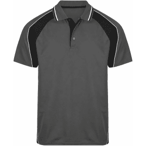 A grey polo shirt featuring black accents and a logo on the chest. Designed with a collar and short sleeves.