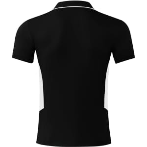 A black polo shirt with white side panels and a logo on the back. Short sleeves and a collar design.