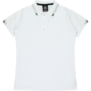 A white polo shirt featuring short sleeves and a collar, with a logo on the neckline.