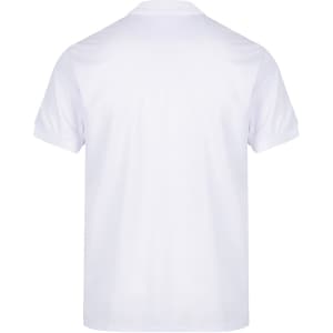 A white polo shirt with a classic collar and short sleeves, featuring a logo. Styled for casual wear.