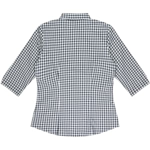 A button-up shirt in a black and white gingham pattern, featuring 3/4 sleeves and a collared neck.
