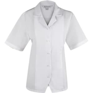 A white short sleeve button-up shirt with a collar and a logo.