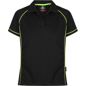 A black polo shirt with lime green trim, featuring short sleeves and a branded logo on the collar.