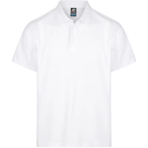 A white polo shirt with a collar and three-button placket, featuring an embroidered logo.