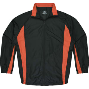 A zip-up tracktop in dark green with orange side stripes and a collar. Features a logo on the chest.