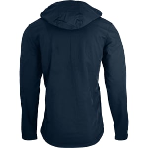 A dark navy soft shell jacket with a hood, featuring a simple design and no visible branding on the back.