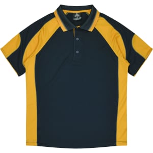 A polo shirt in dark green with yellow accents, featuring a collar and short sleeves. It has a logo.