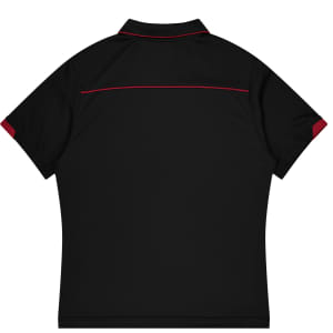 A black polo shirt with red accents and a logo on the back, designed for sports uniforms.