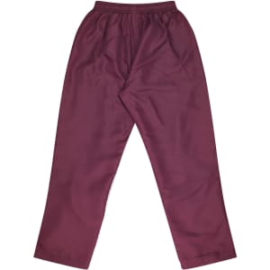 Maroon track pants with an elastic waistband, featuring a smooth, lightweight fabric. Includes a logo.
