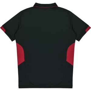A dark green polo shirt with red accents on the sides and a collar, featuring a logo.