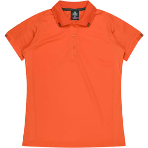An orange women's polo shirt with a collar and short sleeves, featuring branding.