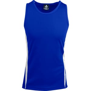 A men's singlet in bright blue with white side panels and a logo on the neckline.