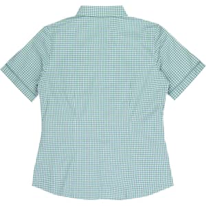 A short-sleeve button-up shirt in green and white checkered pattern, featuring a collar and a structured back.