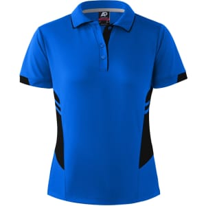 A blue women's polo shirt featuring black side panels and a collar, with a logo on the neckline.