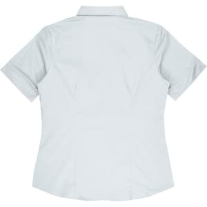 A light grey button-up shirt with short sleeves and a fitted design, featuring a logo.