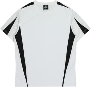 A white T-shirt with black accents on the sides and a logo on the label.