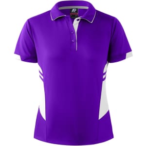 A purple polo shirt with white accents and a logo on the chest. Features a collar and three-button placket.