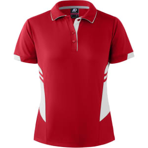 A red polo shirt with white accents and a subtle logo, featuring a classic collar and short sleeves.
