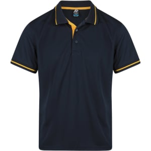 A navy polo shirt with yellow accents on the collar and sleeves, featuring a logo.