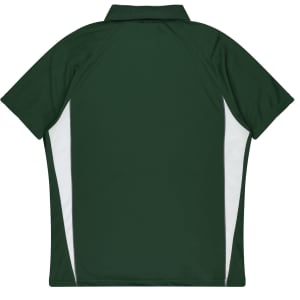A green polo shirt with white side panels and a collar. It features a logo on the front.