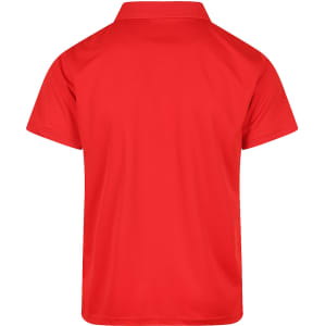 A red polo shirt featuring a collar and short sleeves, with a branding logo on the back.