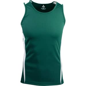 A green men's singlet with white side panels and a logo on the inside tag.