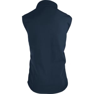 A navy blue men's vest with a collar, featuring a plain design and no sleeves. It has a branding logo.