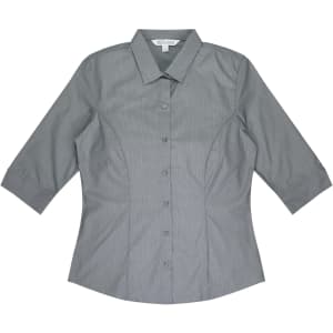 A grey button-up shirt with 3/4 sleeves and a fitted design, featuring a logo.