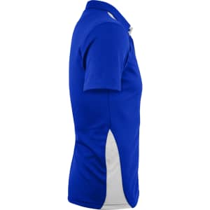 A blue polo shirt with white side panels, featuring a collar and short sleeves, showcasing a logo.