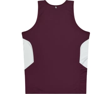 A maroon singlet with white panel accents on the sides, featuring a logo on the back.