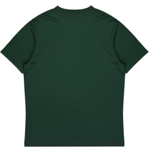 A green T-shirt with short sleeves, featuring a plain back design and a logo.