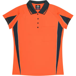 A bright orange polo shirt with black accents and a pocket on the front, featuring a logo.