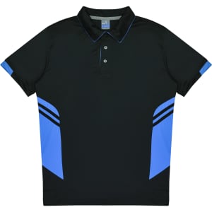 A black polo shirt with blue accents and a branded logo on the front. Suitable for kids.