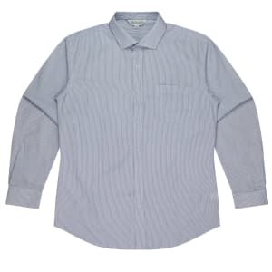 A long sleeve button-up shirt in blue and white vertical stripes, featuring a chest pocket and a logo.