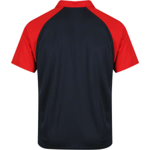 A short-sleeved polo shirt featuring a red and navy colour scheme with a curved hem and a logo.