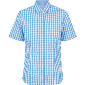 A short sleeve button-up shirt featuring a blue and white check pattern and a logo on the chest.