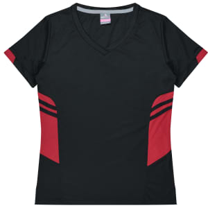 A black and red women's t-shirt with a v-neck and side stripes, featuring a logo.